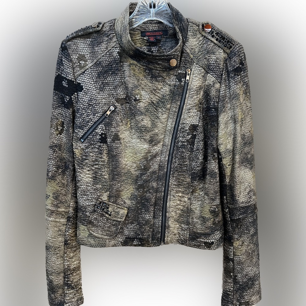 Vintage Simon Chang Moto Jacket Faux Snakeskin Taupe & Black Women’s Size 10
